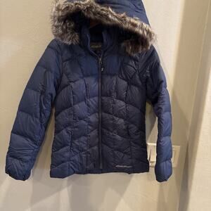 Eddie Bauer Down Parka Womens Small Navy Blue Hooded Puffer Jacket Faux Fur Trim